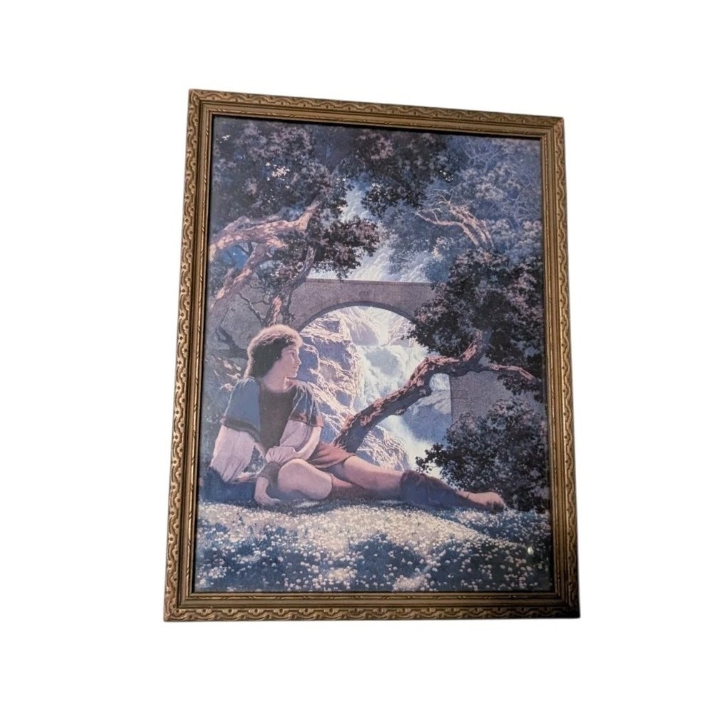 Vintage Framed Art Print Maxfield Parrish Style Blue The Prince Landscape Figure